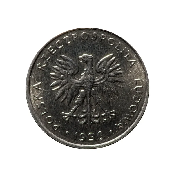 Kovové mince pět polských zlotých izolovaných na bílém pozadí — Stock fotografie