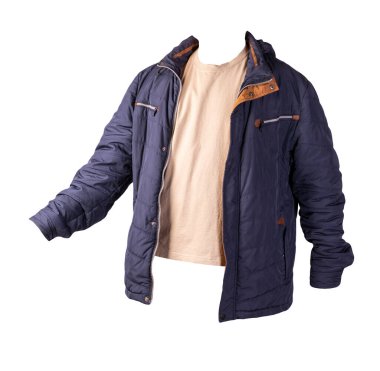 Koyu mavi fermuarlı ceket ve beyaz arka planda izole edilmiş biege tişörtü. Sıradan stil