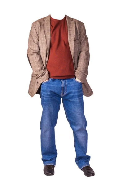 Män Knapp Ljusbrun Jacka Män Blå Jeans Läder Svarta Skor — Stockfoto