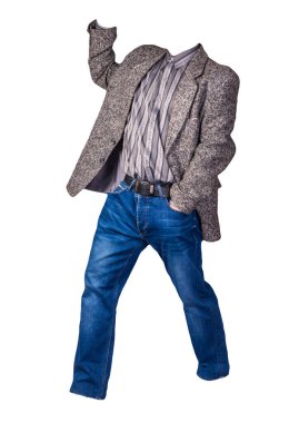 Gri çizgili gömlekli ve beyaz arka planda izole edilmiş mavi kotlu erkek ceketi. Sıradan stil