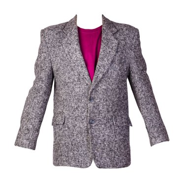 Düğmeli gri ceket ve beyaz arka planda izole edilmiş bordo tişört. Sıradan stil