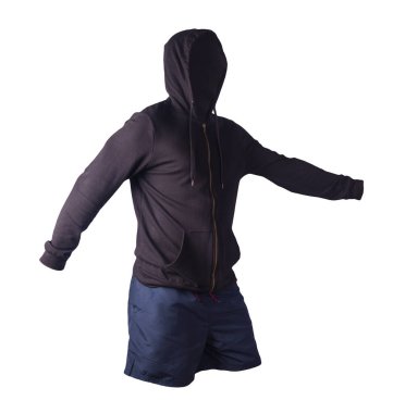Siyah kazaklı, kapüşonlu demir fermuarlı ve beyaz arka planda koyu mavi spor şortlu. Günlük spor kıyafetleri.