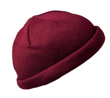 Rıhtım koyu kırmızı örgü şapka beyaz arka planda izole. Modaya uygun rapçi şapkası. Balıkçı.