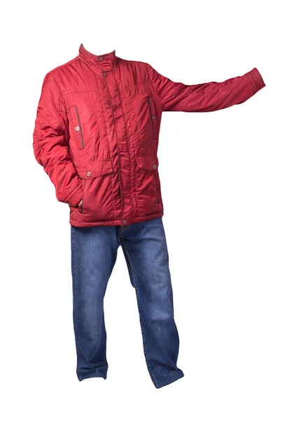 Giacca Uomo Rossa Jeans Blu Isolati Sfondo Bianco Abbigliamento Casual — Foto Stock