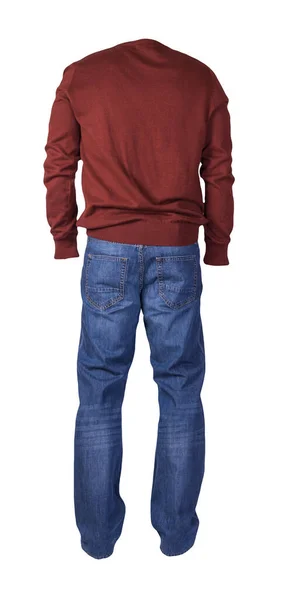 Maglione Rosso Scuro Degli Uomini Jeans Blu Isolati Sfondo Bianco — Foto Stock