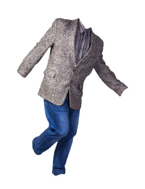 Gri çizgili gömlekli ve beyaz arka planda izole edilmiş mavi kotlu erkek ceketi. Sıradan stil