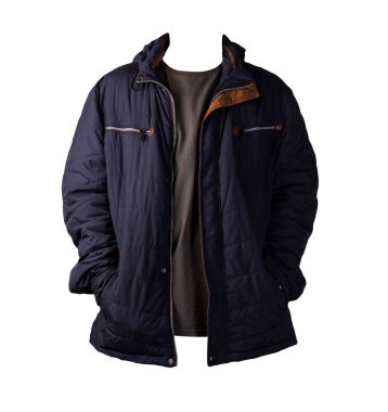 Koyu mavi fermuarlı ceket ve beyaz arka planda izole edilmiş gri tişört. Sıradan stil