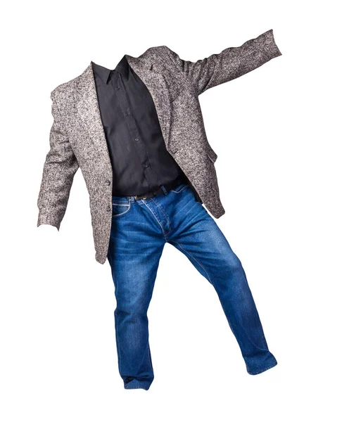 Men Button Jacket Black Shirt Blue Jeans Isolated White Background — Stock Photo, Image