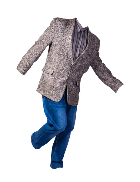 Gri çizgili gömlekli ve beyaz arka planda izole edilmiş mavi kotlu erkek ceketi. Sıradan stil