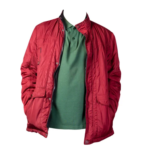 Camiseta Verde Oscuro Los Hombres Chaqueta Roja Aislado Ropa Background — Foto de Stock