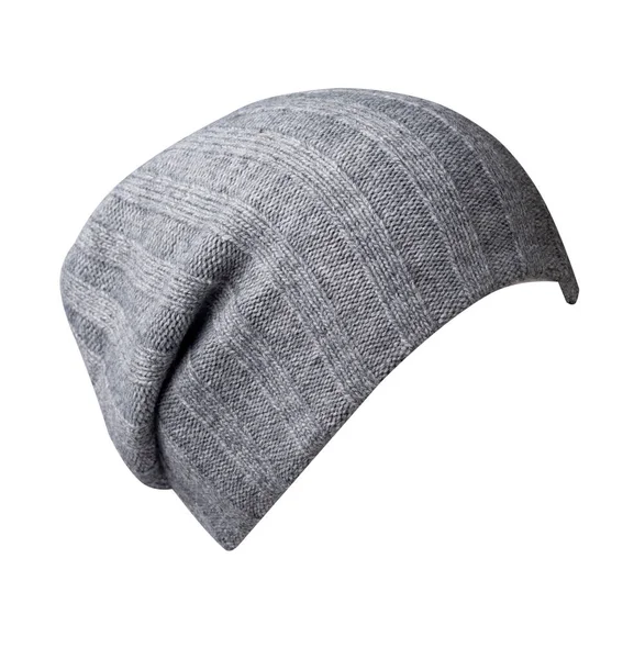 白色背景上孤立的针织灰色帽子 休闲风格的时尚服饰 — 图库照片