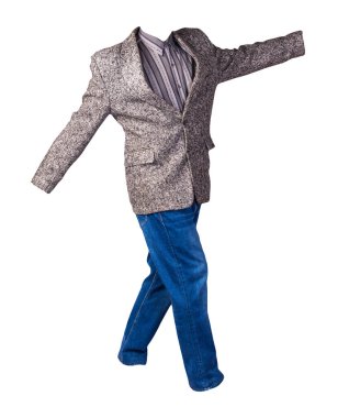 Gri çizgili gömlekli ve beyaz arka planda izole edilmiş mavi kotlu erkek ceketi. Sıradan stil