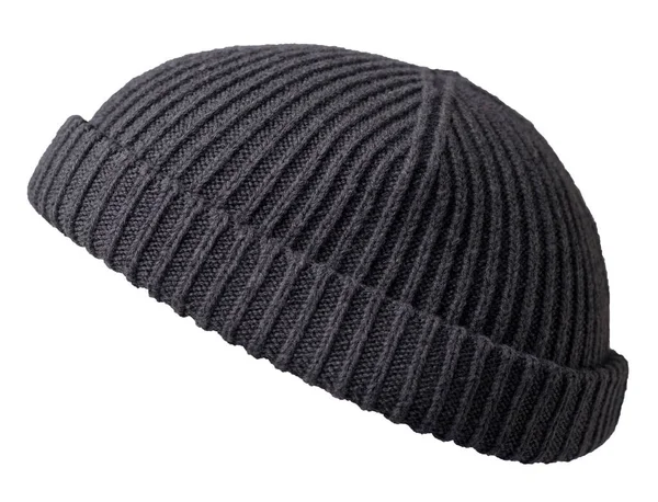 Docker Πλεκτό Σκούρο Γκρι Καπέλο Απομονώνονται Λευκό Φόντο Μοντέρνο Καπέλο — Φωτογραφία Αρχείου