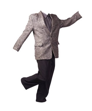 Erkek gri ceket, gri çizgili gömlek ve beyaz arka planda izole edilmiş siyah pantolon. resmi takım