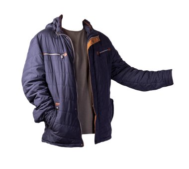 Koyu mavi fermuarlı ceket ve beyaz arka planda izole edilmiş gri tişört. Sıradan stil