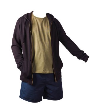 Siyah fermuarlı kapüşonlu kazak, bej tişört ve beyaz arka planda izole edilmiş koyu mavi spor şort. Günlük spor kıyafetleri.