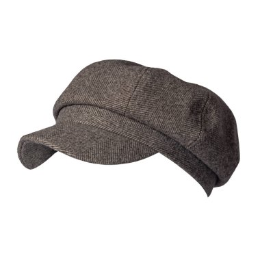 Beyaz arka planda vizörlü moda kahverengi şapka. Şapkalı kadın. renkli şapka .