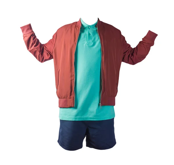 men's red bomber jacket,green polo shirt and sports dark blue shorts isolated on white background. fashionable casual wear