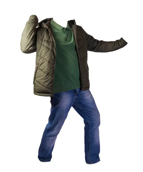 Dunkelgrüne Jacke Mit Reißverschluss Grünes Hemd Und Blaue Jeans Auf — Stockfoto