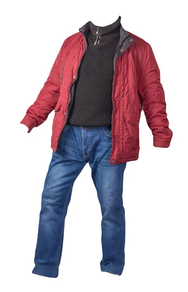 Rote Jacke Schwarzer Pullover Und Blaue Jeans Auf Weißem Hintergrund — Stockfoto