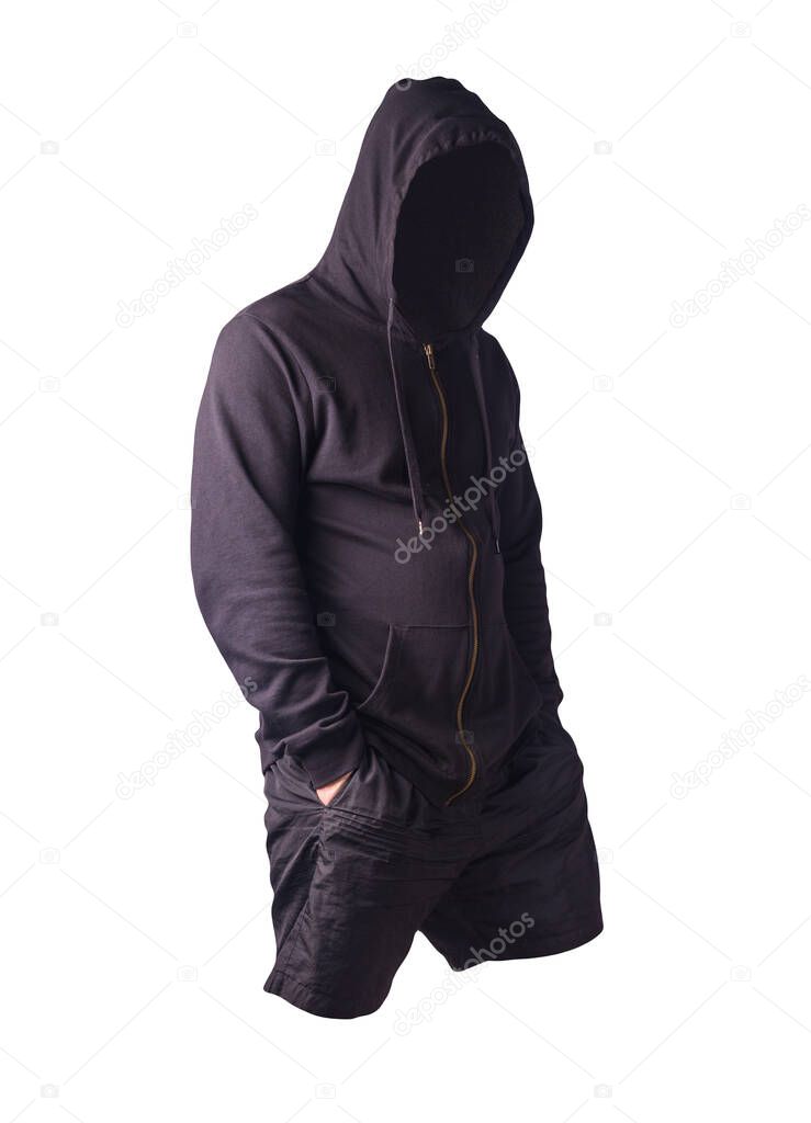 black sweatshirt with an iron zipper with a hood and black sports shorts isolated on a white background. casual sportswear