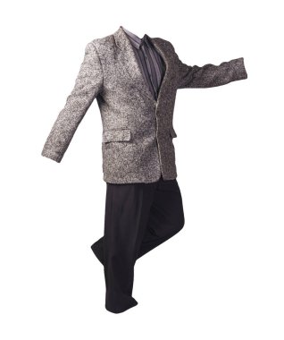 Erkek gri ceket, gri çizgili gömlek ve beyaz arka planda izole edilmiş siyah pantolon. resmi takım