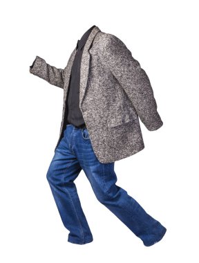 Siyah gömlekli ve beyaz arka planda izole edilmiş mavi kotlu erkek ceketi. Sıradan stil