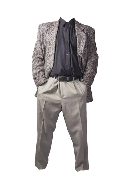 男性用グレーのジャケットと黒のシャツと薄いグレーのズボン白い背景に隔離されてる 正式な訴訟 — ストック写真