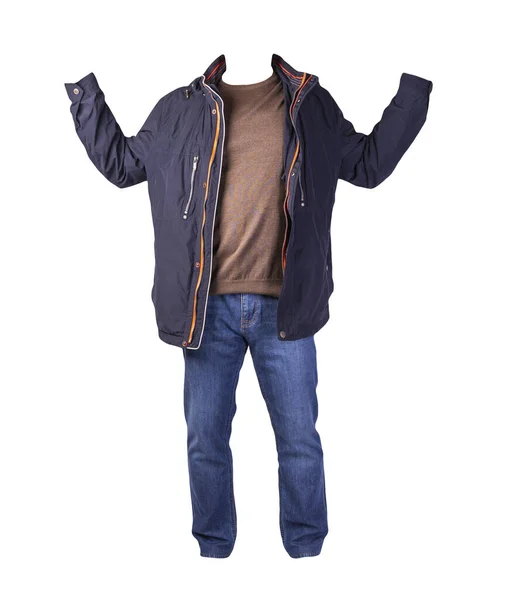 Dunkelblaue Jacke Mit Reißverschluss Brauner Pullover Und Blaue Jeans Auf — Stockfoto