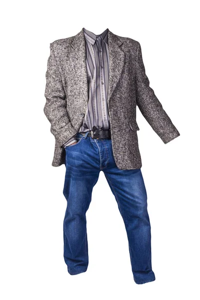 Veste Homme Boutonnée Avec Chemise Rayures Grises Jean Bleu Isolé — Photo