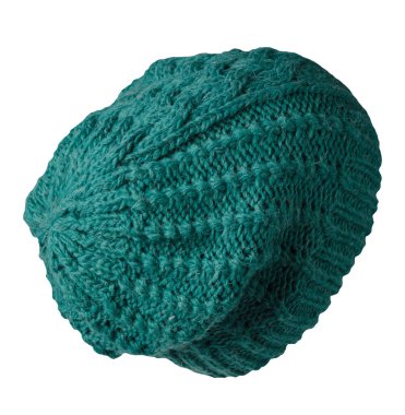 Kadın yeşil şapkası. Örgü şapka beyaz arkaplanda izole.