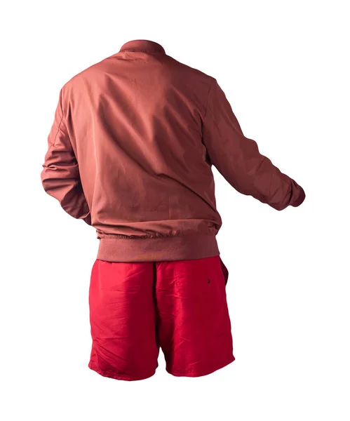 Mens Röd Bombplan Jacka Och Röda Sport Shorts Isolerad Vit — Stockfoto