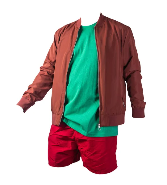 mens dark red bomber jacket,retro heather green t-shirt and red sports shorts isolated on white background. fashionable casual wear