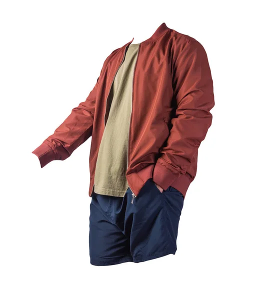 Chaqueta Bombardero Rojo Para Hombre Camiseta Oliva Pantalones Cortos Deportivos — Foto de Stock