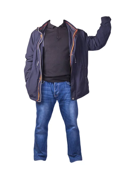 Mörkblå Jacka Med Dragkedja Svart Tröja Och Blå Jeans Isolerad — Stockfoto