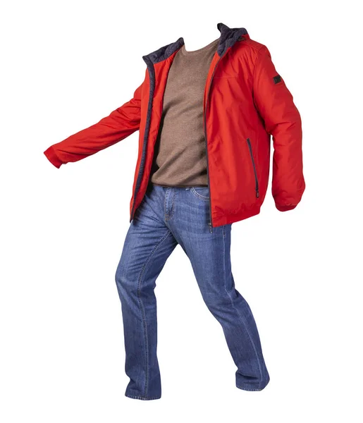 Jaqueta Vermelha Com Zíper Camisola Marrom Jeans Azul Isolado Fundo — Fotografia de Stock