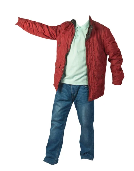 Rote Jacke Türkisfarbenes Hemd Und Blaue Jeans Auf Weißem Hintergrund — Stockfoto