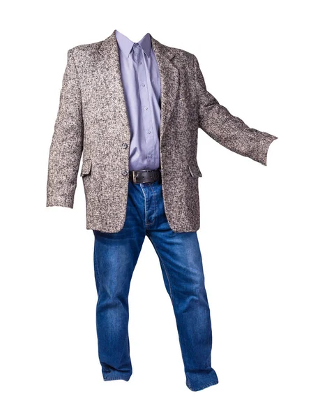 Jaqueta Botão Para Baixo Masculina Com Camisa Roxa Jeans Azul — Fotografia de Stock