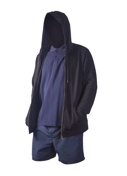 Camisola Preta Com Capuz Zíper Ferro Camisa Pólo Azul Escuro — Fotografia de Stock