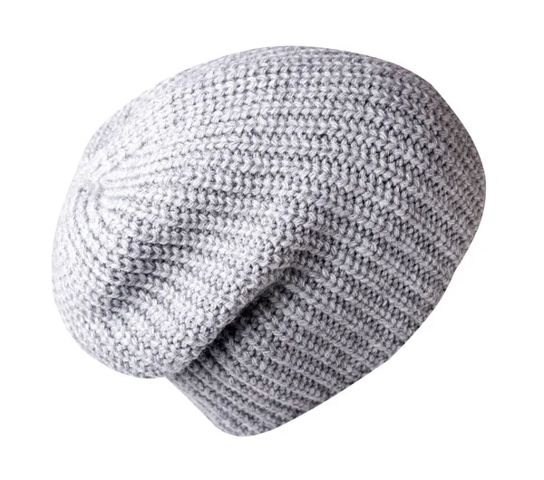 Cappello Grigio Chiaro Lavorato Maglia Isolato Uno Sfondo Bianco Accessorio — Foto Stock