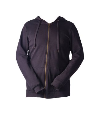 Beyaz arka planda izole edilmiş kapüşonlu demir fermuarlı siyah kazak. Günlük spor kıyafetleri.