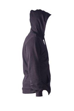 Beyaz arka planda izole edilmiş kapüşonlu demir fermuarlı siyah kazak. Günlük spor kıyafetleri.