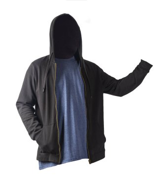 Kapüşonlu demir fermuarlı siyah sweatshirt ve beyaz arka planda izole edilmiş eski moda Heather denizci tişörtü. Sportif tarzda.