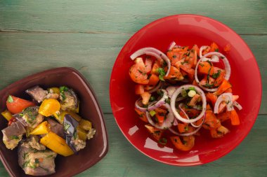 Vejetaryen yemeği. Domates, soğan, yeşil ahşap arka planda kırmızı tabakta rezene. sağlıklı yiyecekler