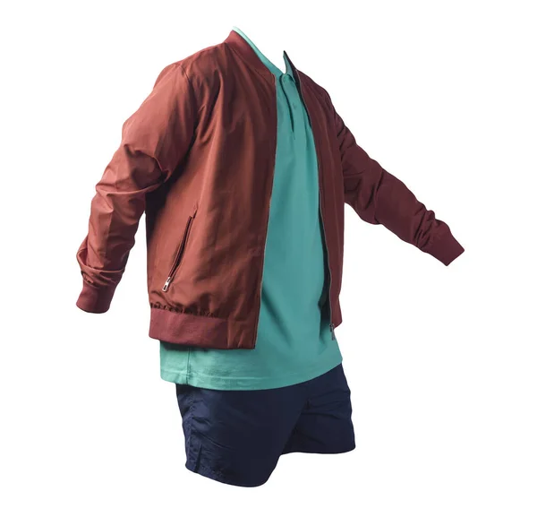 men\'s red bomber jacket,green polo shirt and sports dark blue shorts isolated on white background. fashionable casual wear