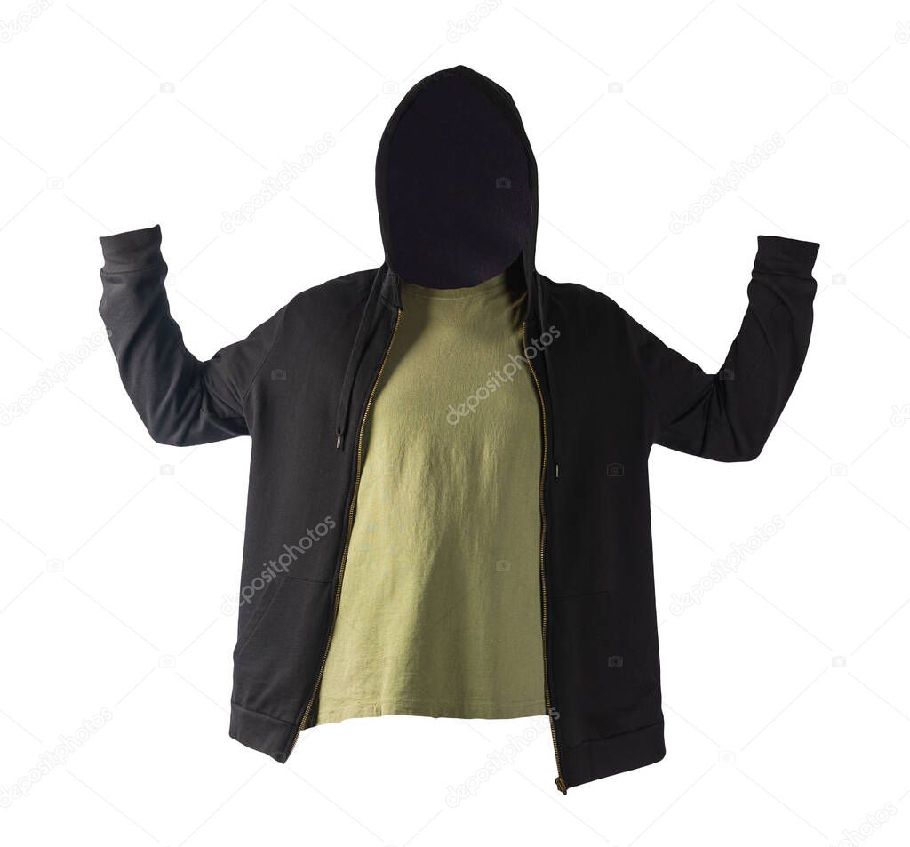 black sweatshirt with iron zipper with hoodie and olive t-shirt   isolated on white background.sporty style
