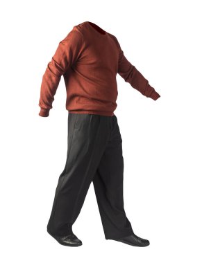 Erkek bordo kazağı, siyah pantolon ve siyah deri ayakkabılar. Beyaz arka planda izole edilmiş. Günlük kıyafetler.