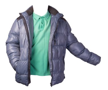 Erkekler için yeşil tişört ve mavi ceket. Beyaz arka planda izole edilmiş. Günlük kıyafetler.