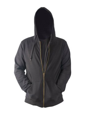 Siyah kazaklı, kapüşonlu demir fermuarlı ve siyah tişörtlü beyaz arka planda. Sportif tarzda.