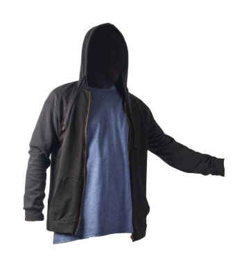 Kapüşonlu demir fermuarlı siyah sweatshirt ve beyaz arka planda izole edilmiş eski moda Heather denizci tişörtü. Sportif tarzda.